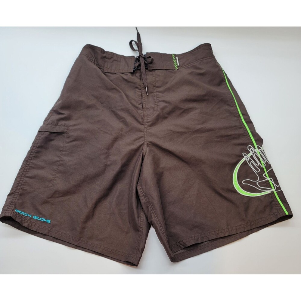 Body Glove Men's Brown Board Shorts Swim Trunks Neon Green Surf Cargo Pocket Lg
